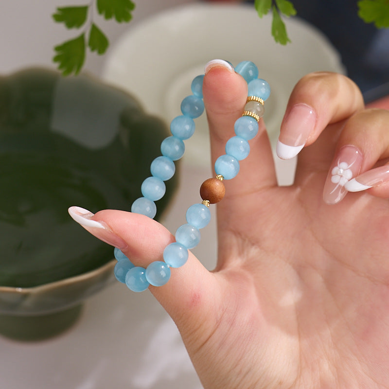 Bracciale Occhio di Gatto Blu Ghiaccio – Legno di Sandalo Rosa